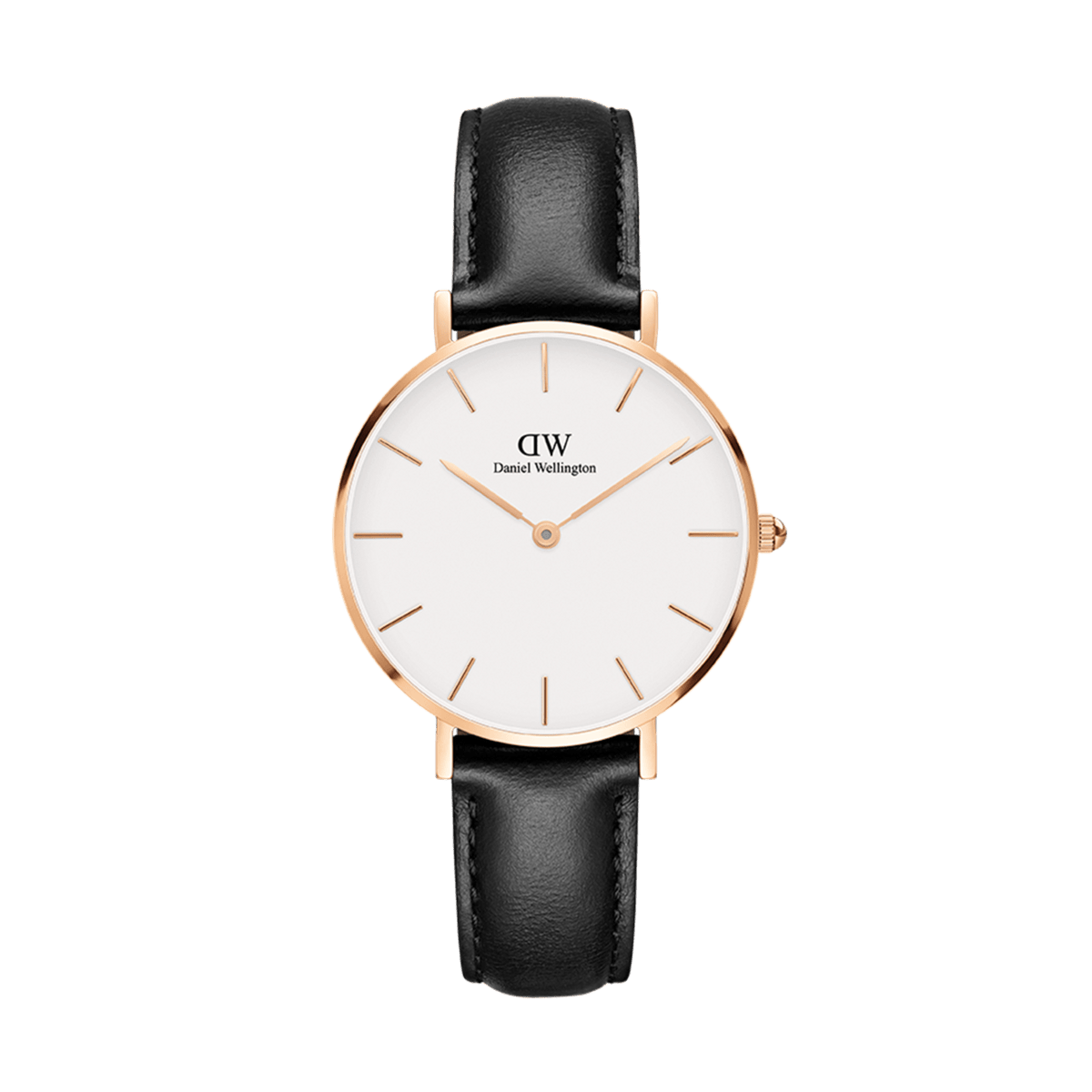Elegant women's watch with a rose gold stainless steel case, white dial, and black leather strap in a minimalist design by Daniel Wellington.