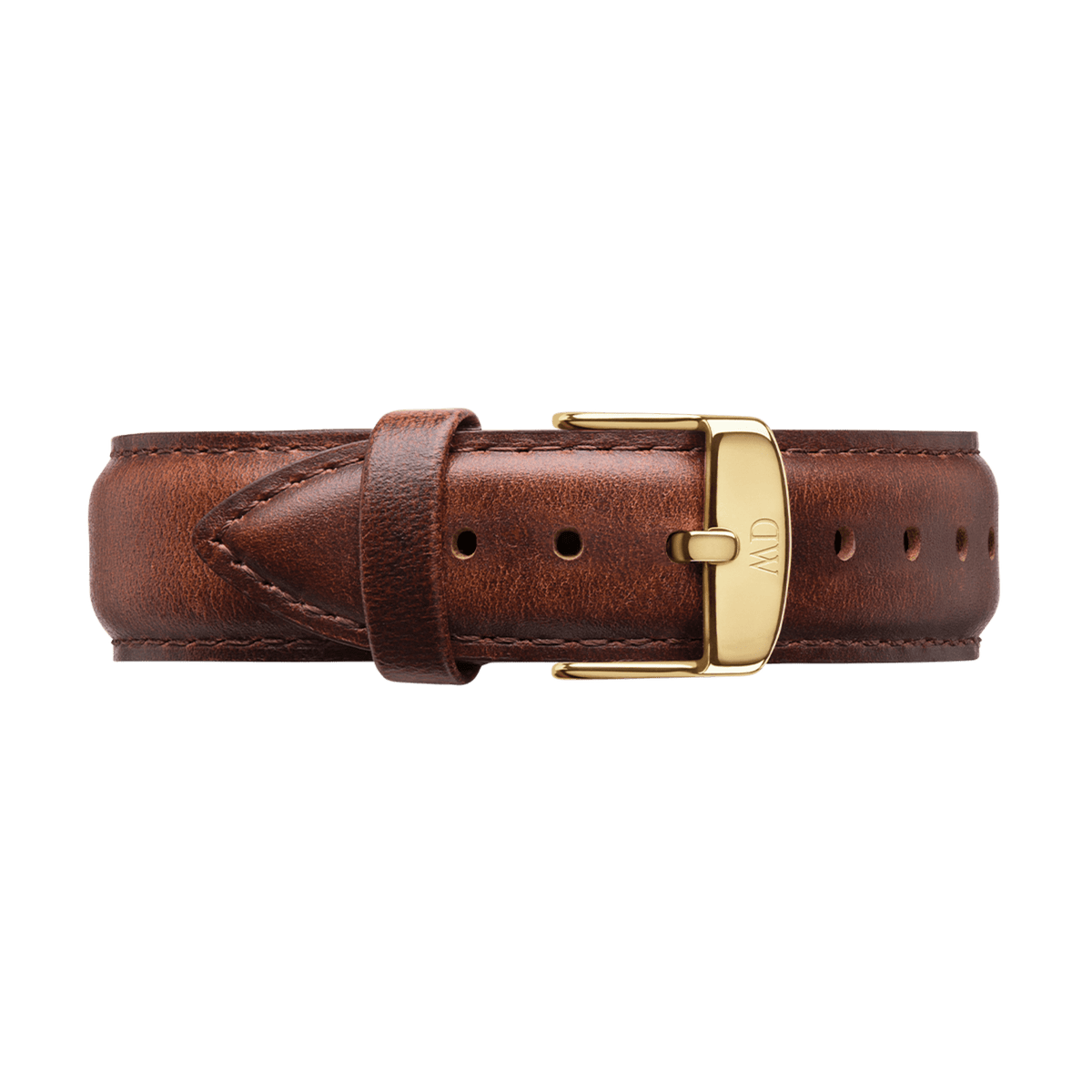 Brown genuine leather strap with gold-coloured pin buckle and fine stitching, suitable for the Classic St Mawes Gold watch by Daniel Wellington.