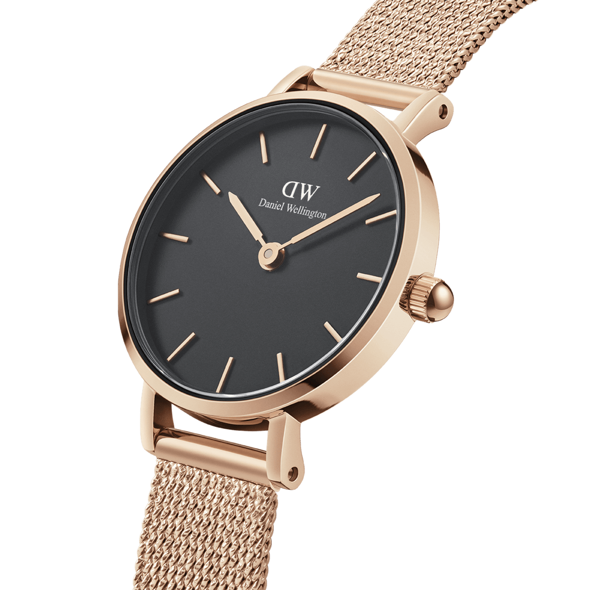 Vista lateral del reloj Petite Pressed Melrose Black que muestra la caja pulida en oro rosa, la corona estriada y el detalle de la correa de malla intercambiable