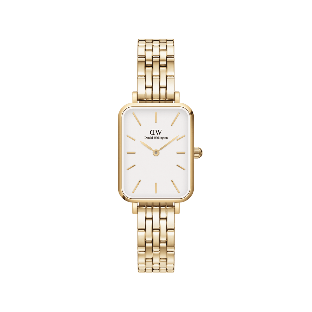 Rectangular ladies' watch with a gold-coloured 5-link stainless steel bracelet and an eggshell white dial in a minimalist design.