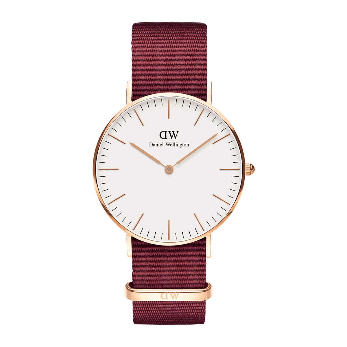 Orologio Daniel Wellington Classic Roselyn con cassa in oro rosa e quadrante bianco avorio, abbinato a un cinturino NATO in poliestere rosso rubino su base bianca.