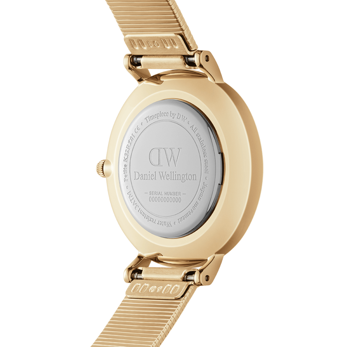 Back of the Petite Lumine Pressed Piano Gold women's watch with engraved Daniel Wellington logo and gold-coloured stainless steel strap.