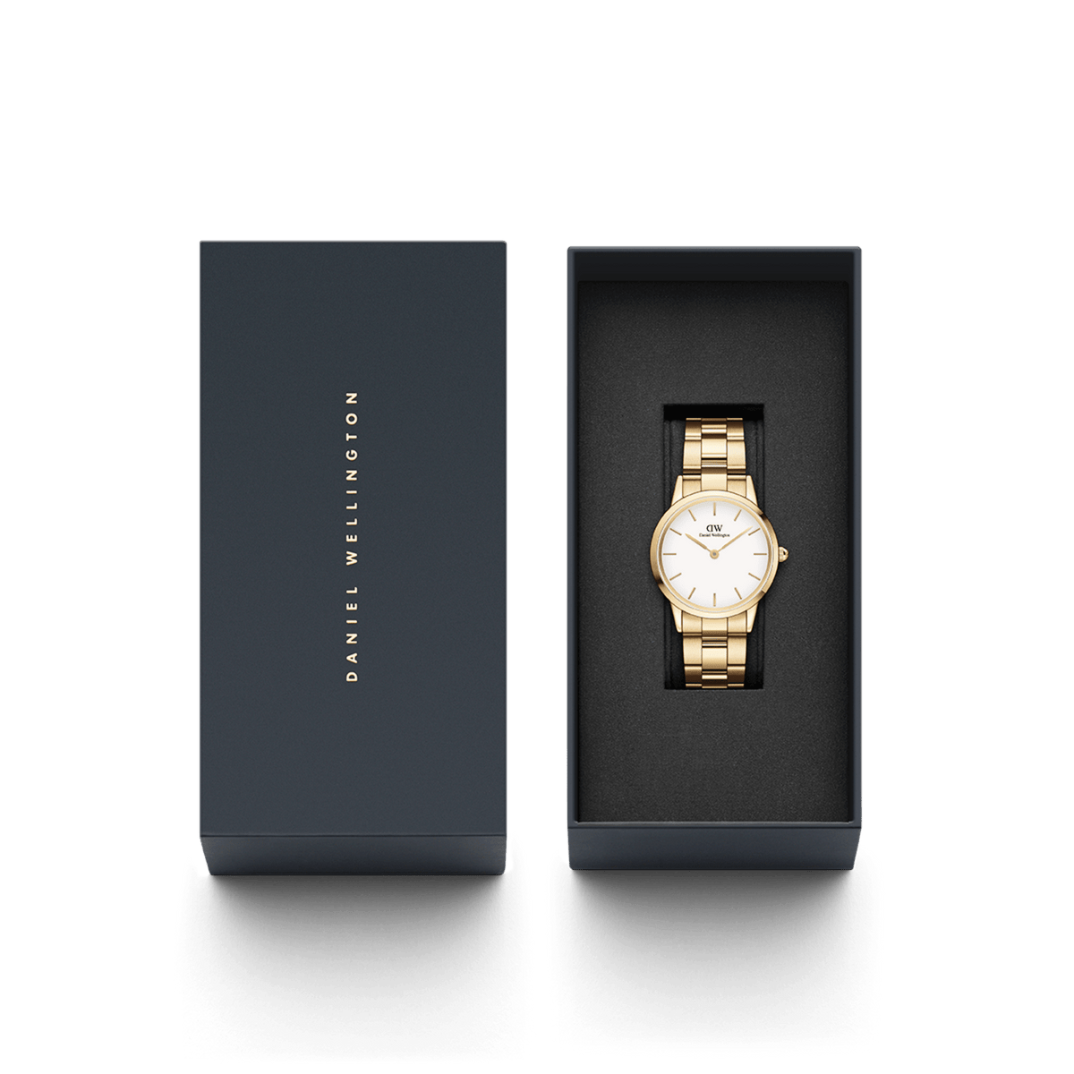The gold Daniel Wellington Iconic Link women's watch with a white dial is elegantly presented in a black gift box with brand logo.