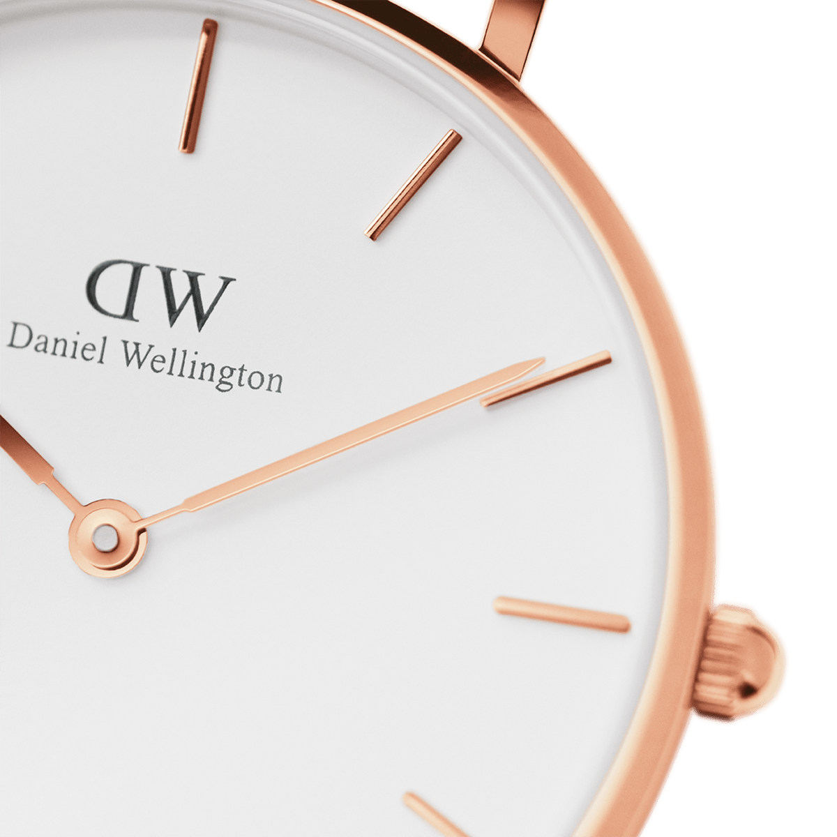 Close-up view of the Petite Dover women's watch with a rose gold case, eggshell white dial, and delicate rose gold hands by Daniel Wellington.