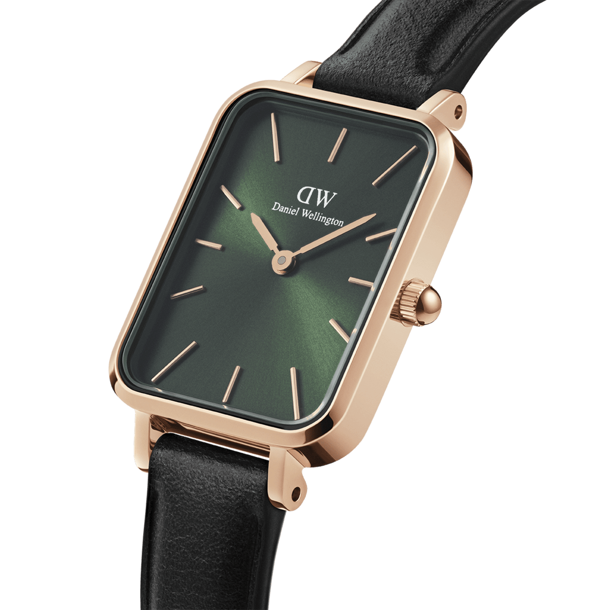 Rectangular women's watch with an emerald green dial, rose gold stainless steel case, and black leather strap in a close-up side view.