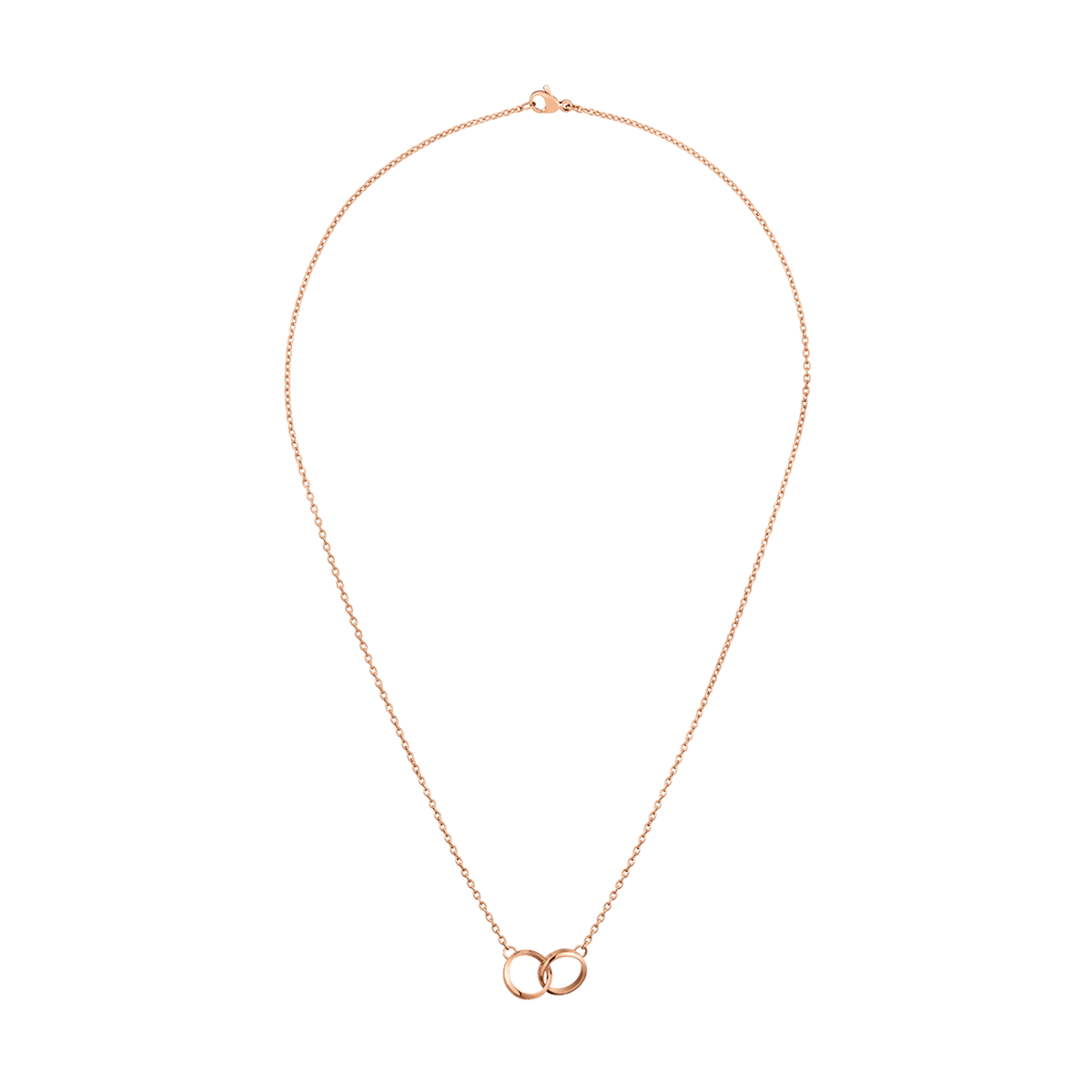 Delicate Elan Unity necklace in rose gold with two interlinked rings as a pendant and a fine link chain in full view.