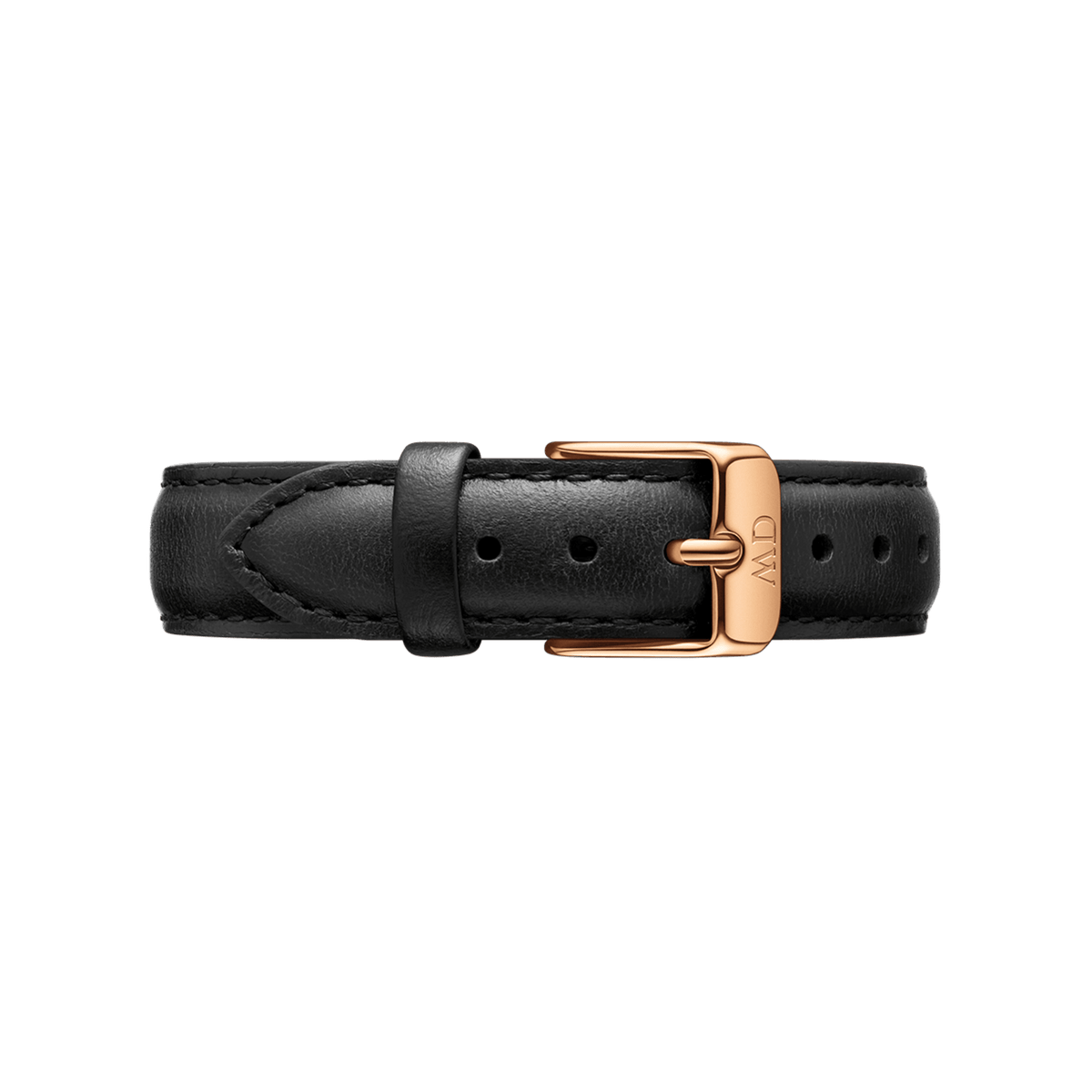 Black leather strap for the Petite Sheffield women's watch by Daniel Wellington with a rose gold pin buckle and fine stitching.