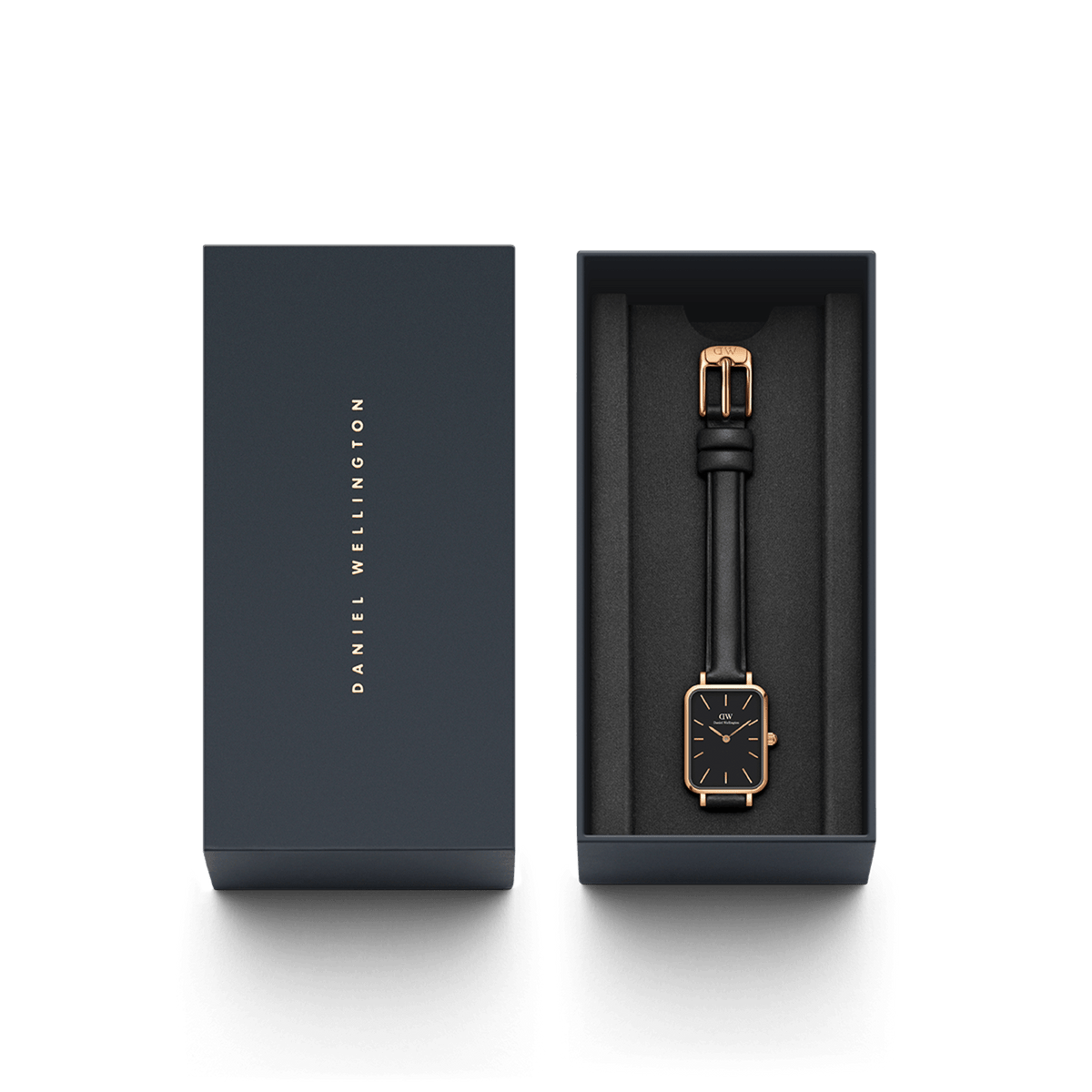 The Quadro Pressed Sheffield women's watch with a rectangular dial, black leather strap, and rose gold case is stylishly presented in an elegant gift box.