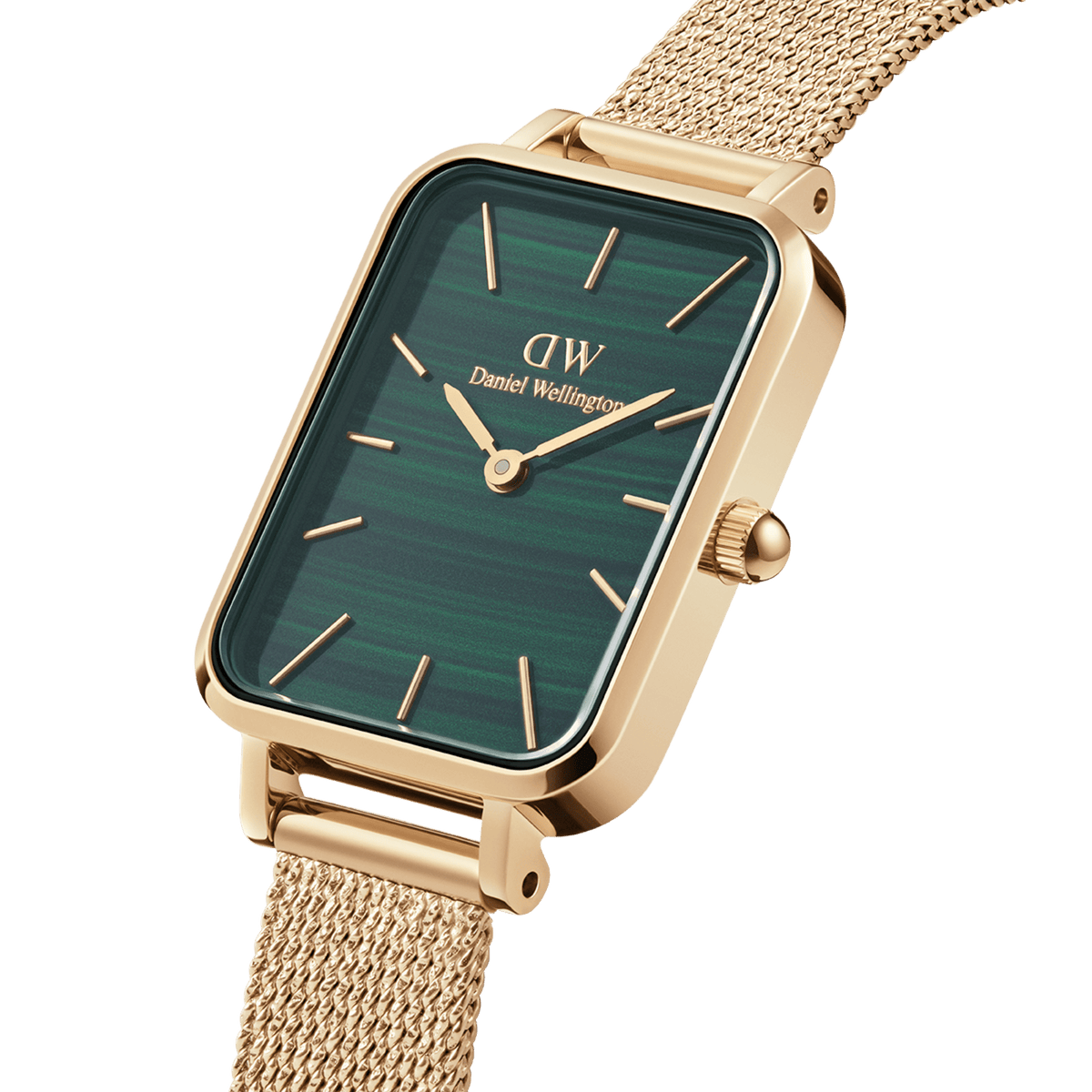 Rectangular women's watch in gold with a green dial, gold indices, and a delicate stainless steel mesh strap.