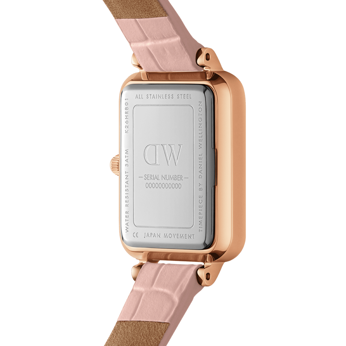 Back of the Quadro Pressed Rouge ladies' watch with a rose gold case, engraved stainless steel back, and nude-pink leather strap with crocodile embossing.
