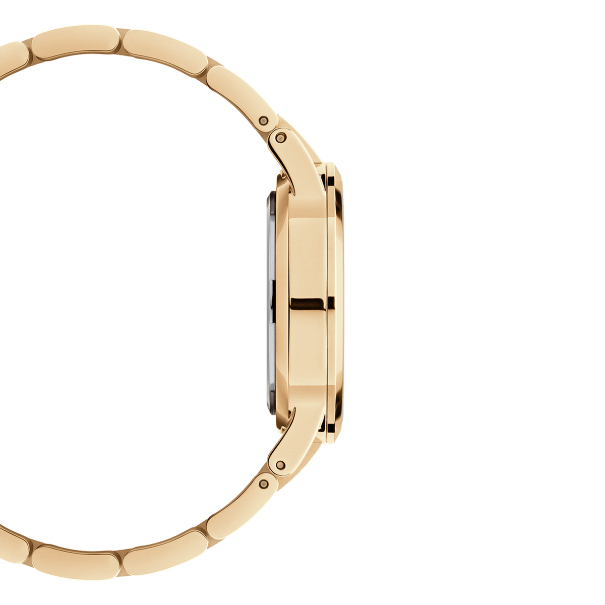 Side view of the Daniel Wellington Iconic Link women's watch with a slim gold-coloured case and elegant link bracelet.