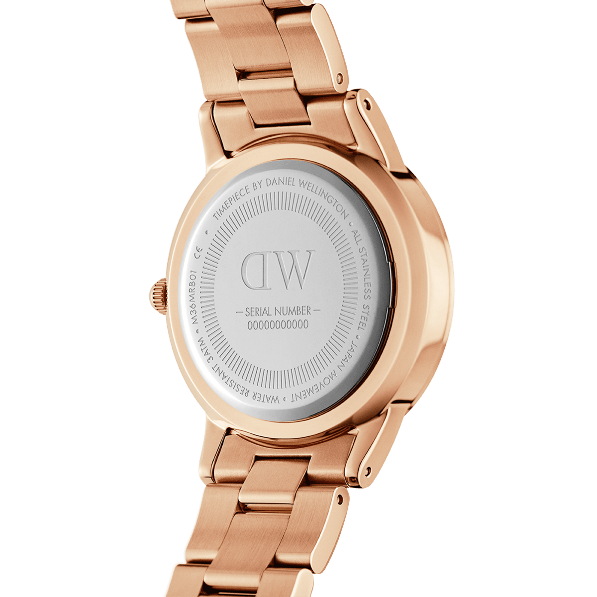 Back view of the Daniel Wellington Iconic Link ladies' watch with a rose gold stainless steel bracelet and an engraved case back.