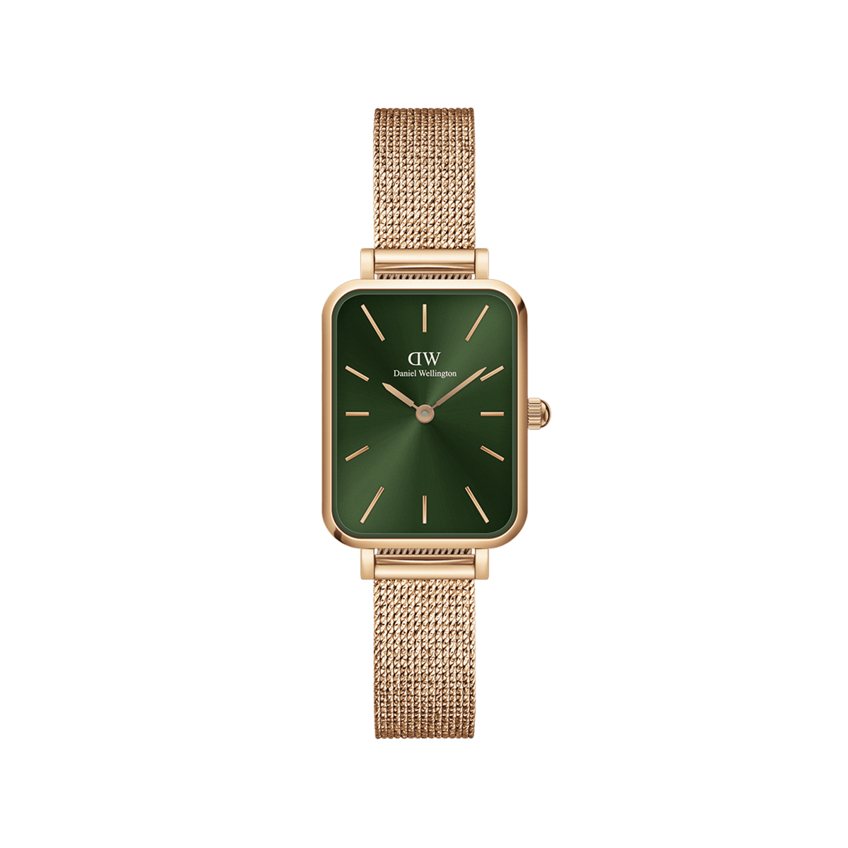 Elegant women's watch with a rectangular rose gold case, emerald green dial, and fine stainless steel mesh strap.