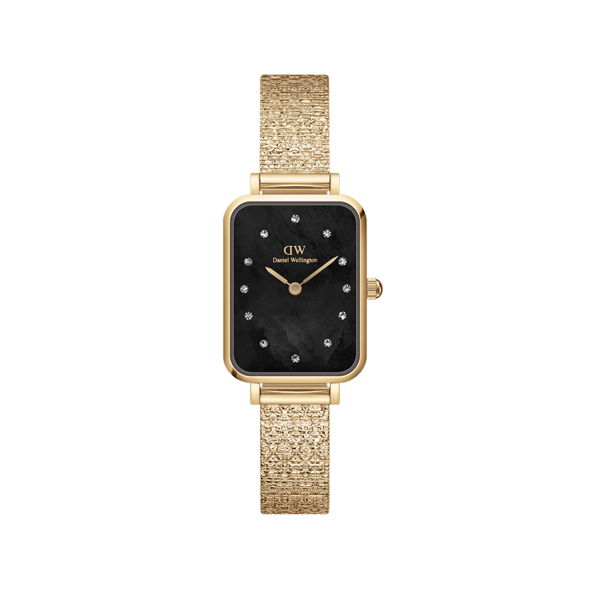 Rectangular ladies' watch with a gold-coloured stainless steel bracelet in a pressed piano link style, black mother-of-pearl dial, and sparkling crystal indices.