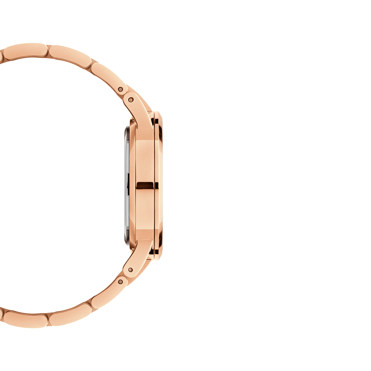 Side profile view of the Daniel Wellington Iconic Link women's watch with a rose gold stainless steel strap and flat case.