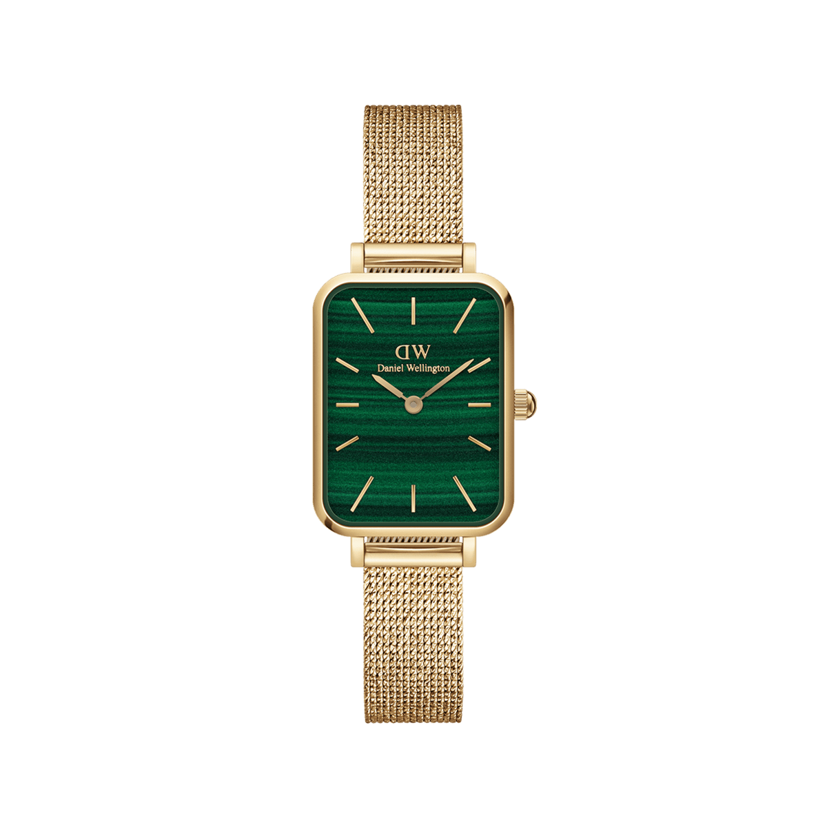 Elegant women's watch with a rectangular gold-coloured case, deep green dial, and fine gold mesh strap.