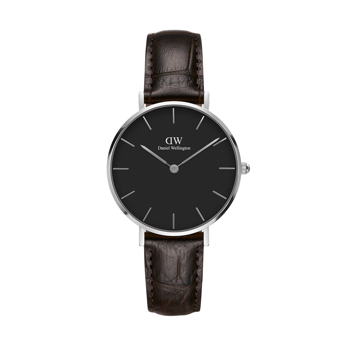 Reloj Petite York Black Silver con esfera negra minimalista, caja plateada en acero inoxidable y correa de piel marrón oscuro con grabado tipo cocodrilo sobre fondo blanco.