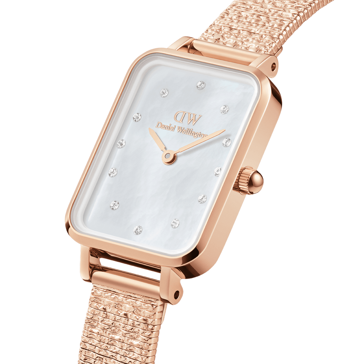 Close-up view of the Quadro Lumine Pressed Piano ladies' watch with a rectangular rose gold case, white mother-of-pearl dial, sparkling crystal indices and pressed piano link bracelet.