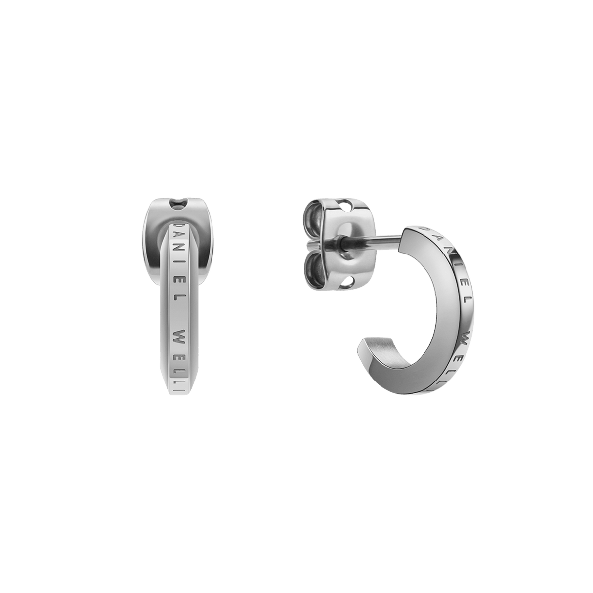 Classic silver hoop earrings made from polished stainless steel with subtle Daniel Wellington engraving and secure stud fastening.