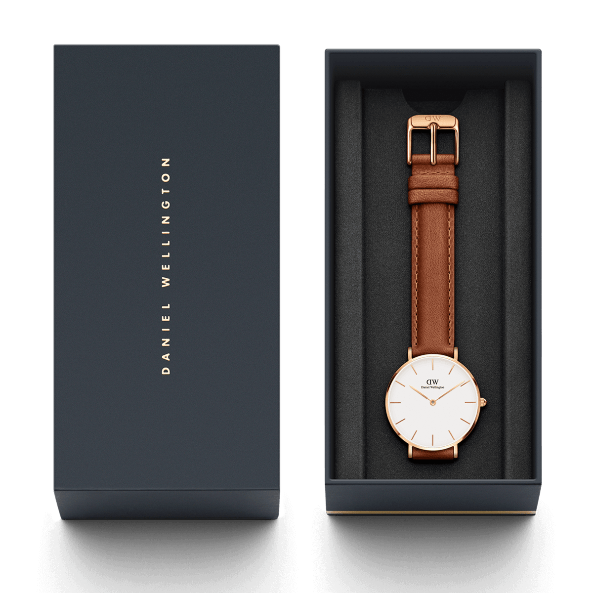 Daniel Wellington Petite Durham ladies' watch with brown leather strap and round rose gold case in an elegant gift box.