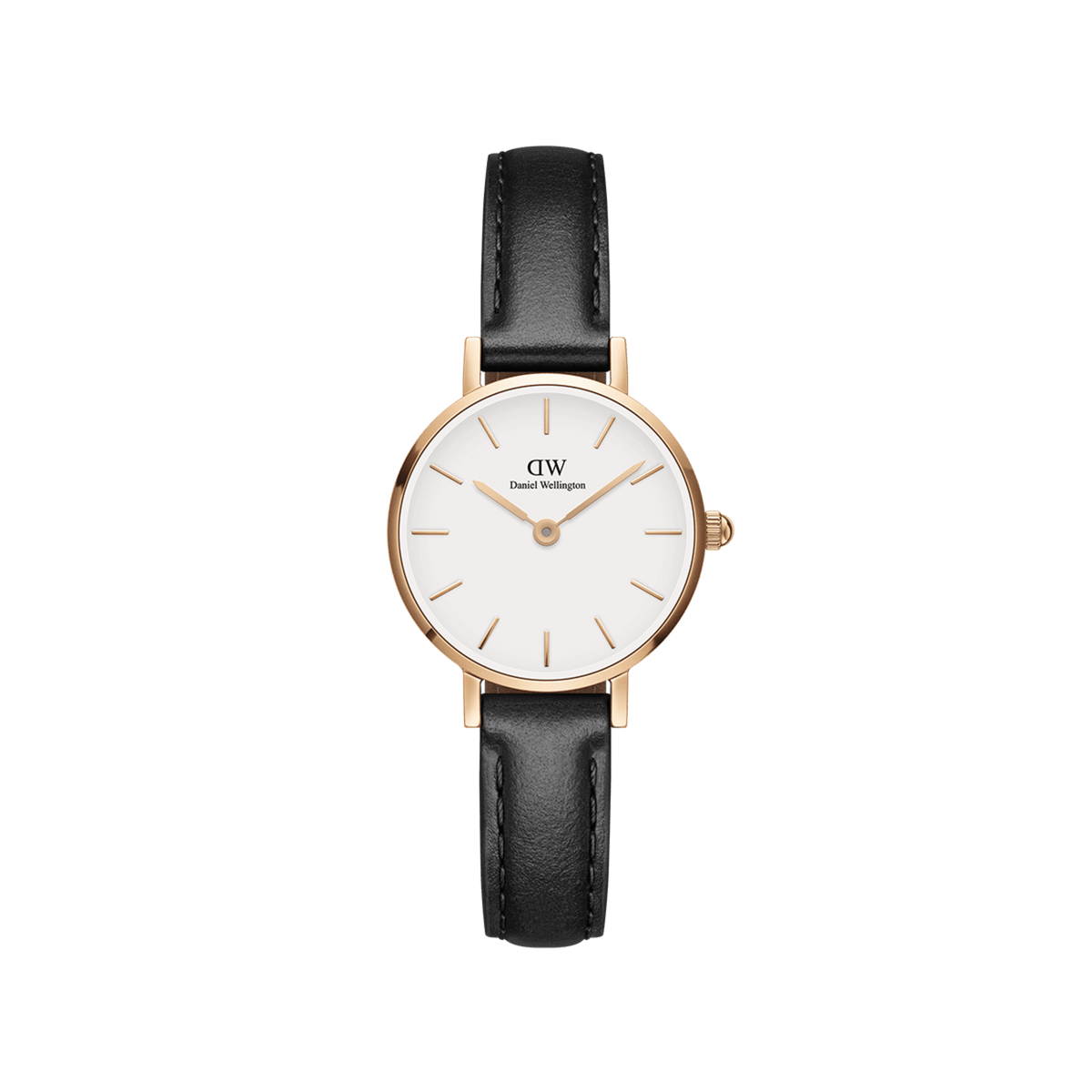 Reloj Petite Pressed Sheffield Rose Gold con caja de 24 mm en oro rosa, esfera blanca minimalista y correa de piel negra sobre fondo blanco.