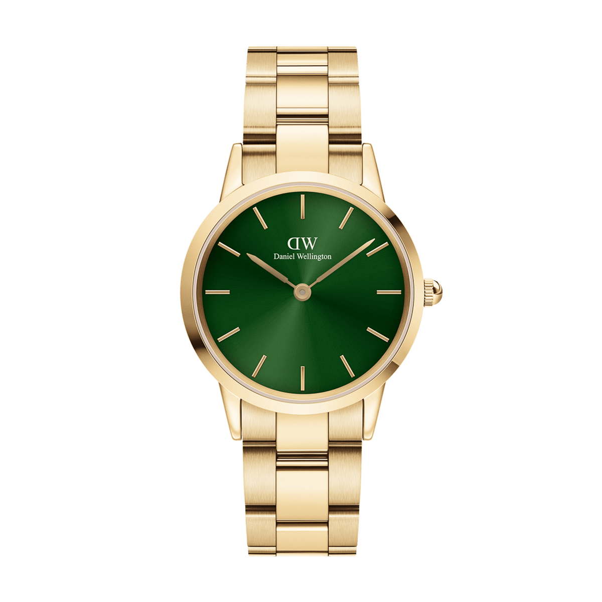 Elegant women's watch Iconic Link Emerald Gold with gold-coloured stainless steel strap and deep green dial.