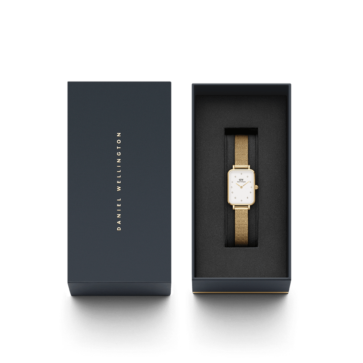 The Quadro Lumine Pressed Evergold women's watch with a gold-coloured mesh strap is elegantly presented in a black Daniel Wellington gift box.