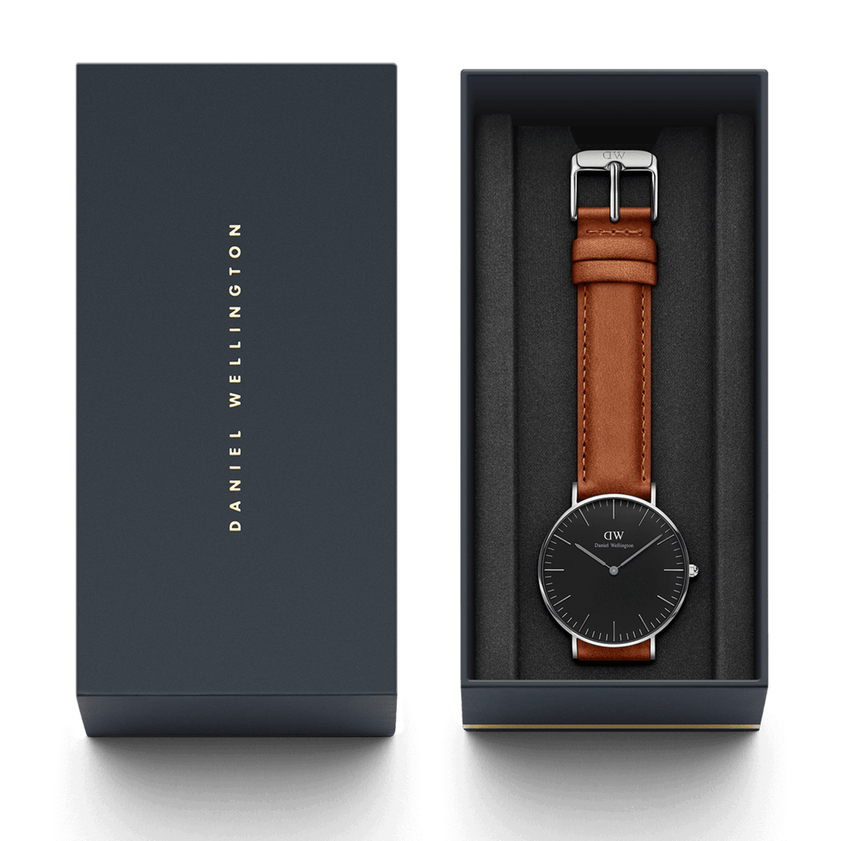 Orologio Classic Durham nero e argento, presentato nella confezione regalo Daniel Wellington con interno imbottito in colore nero.