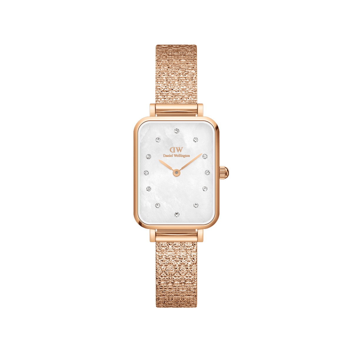 Rectangular ladies' watch in rose gold with a white mother-of-pearl dial, sparkling crystal indices and a finely textured pressed piano link bracelet.
