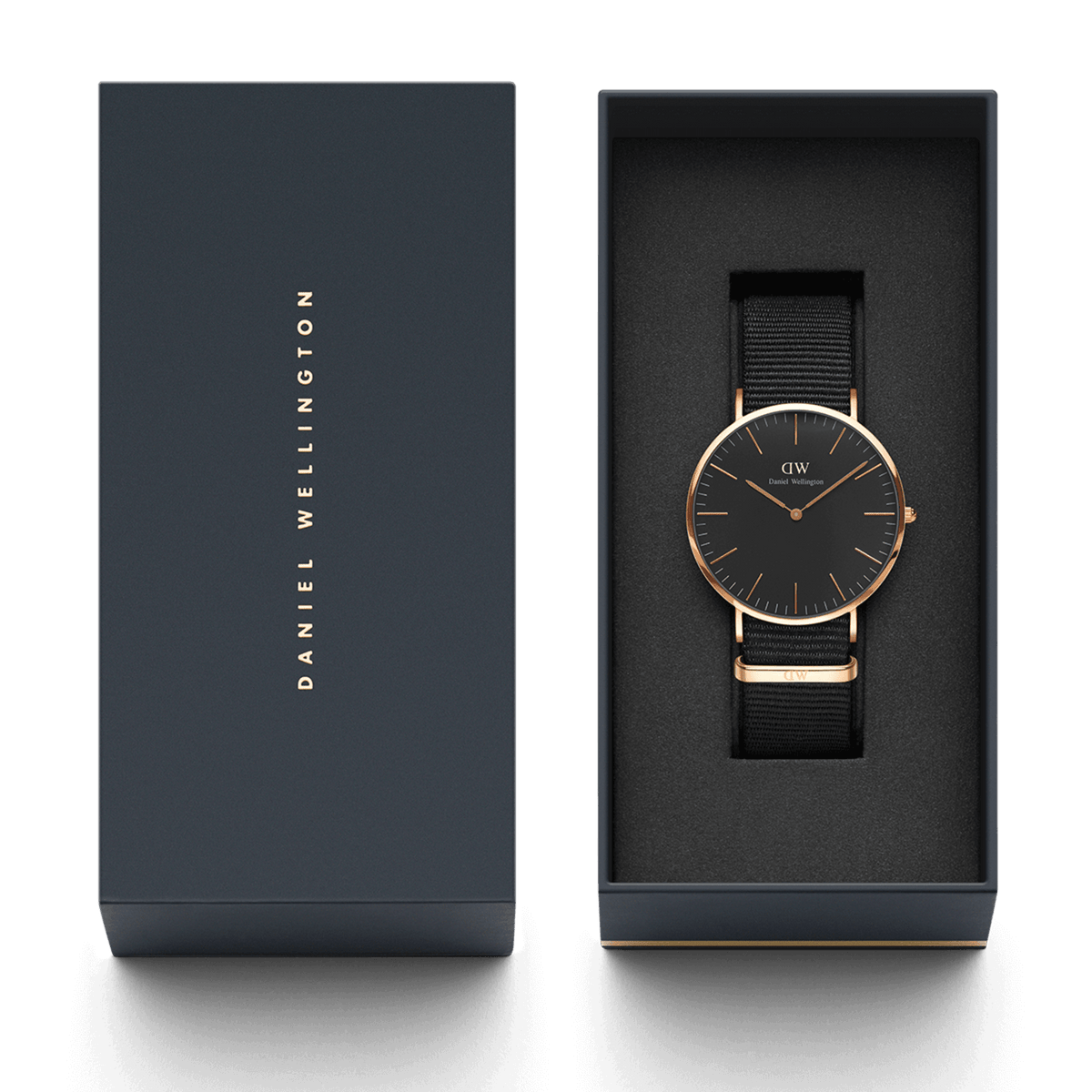 Daniel Wellington Classic Cornwall with black dial and black NATO strap in an elegant gift box with gold embossing.