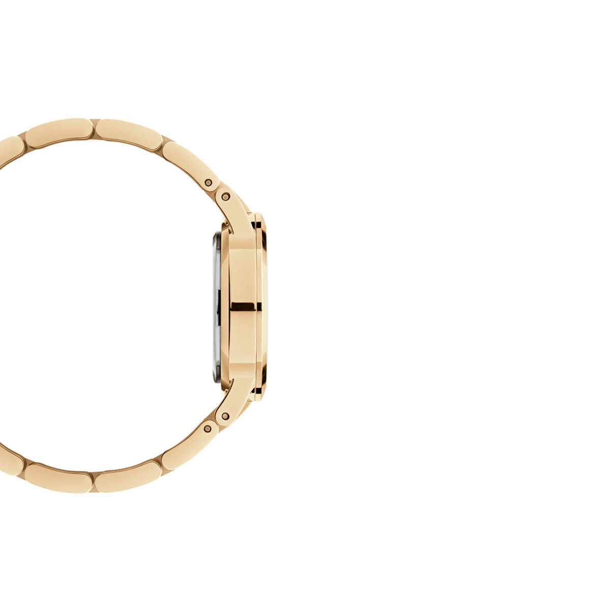 Side view of the gold Daniel Wellington Iconic Link Unitone G women's watch with a slim case and elegant link bracelet.