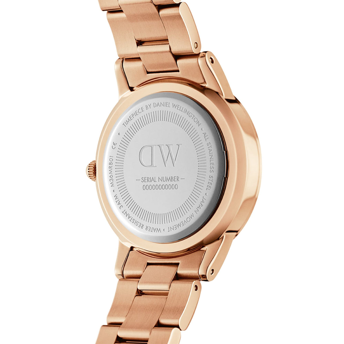 Rear view of the Iconic Link Amber ladies' watch by Daniel Wellington with an engraved case back and rose gold stainless steel bracelet.