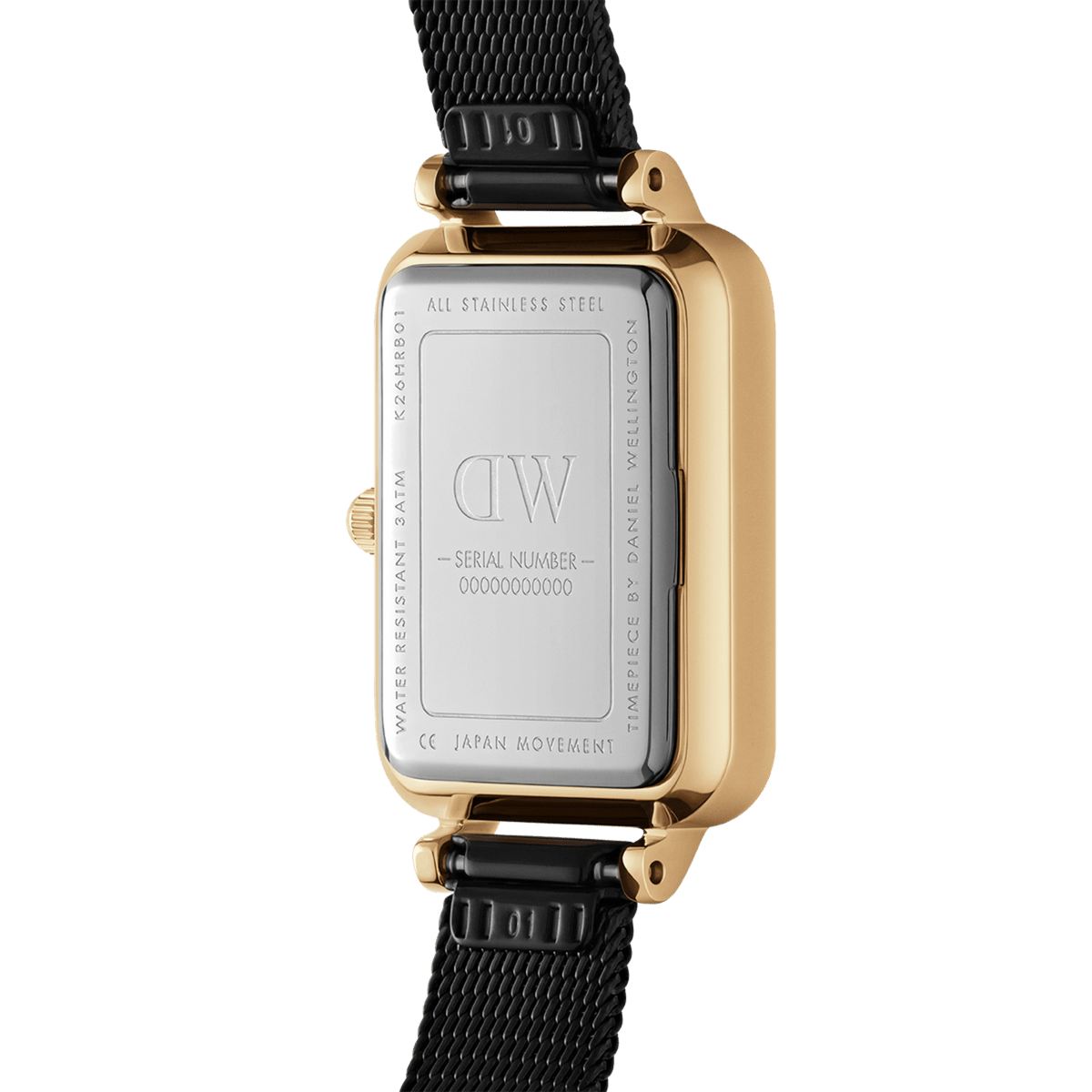 Vista posteriore dell'orologio Quadro Pressed Ashfield Gold, che mostra il fondello in acciaio inossidabile con incisioni, il sistema di barre a molla sostituibili e il cinturino in maglia nera.