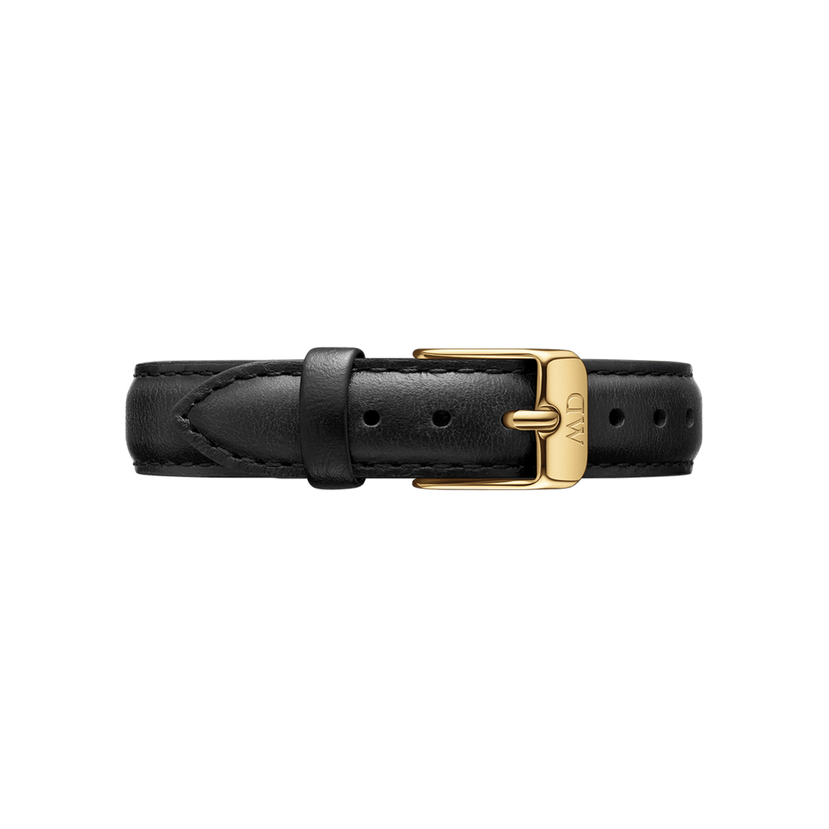 Black leather strap with gold-coloured pin buckle and fine stitching, matching the Petite Sheffield Gold women's watch.