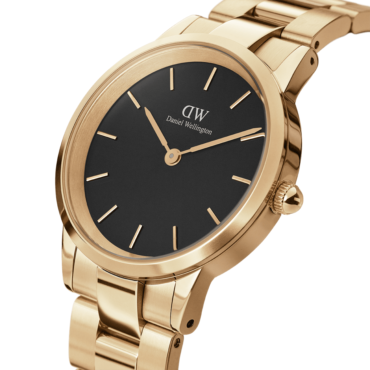 Close-up view of the Daniel Wellington Iconic Link Gold women's watch with a black dial and gold-coloured stainless steel strap.
