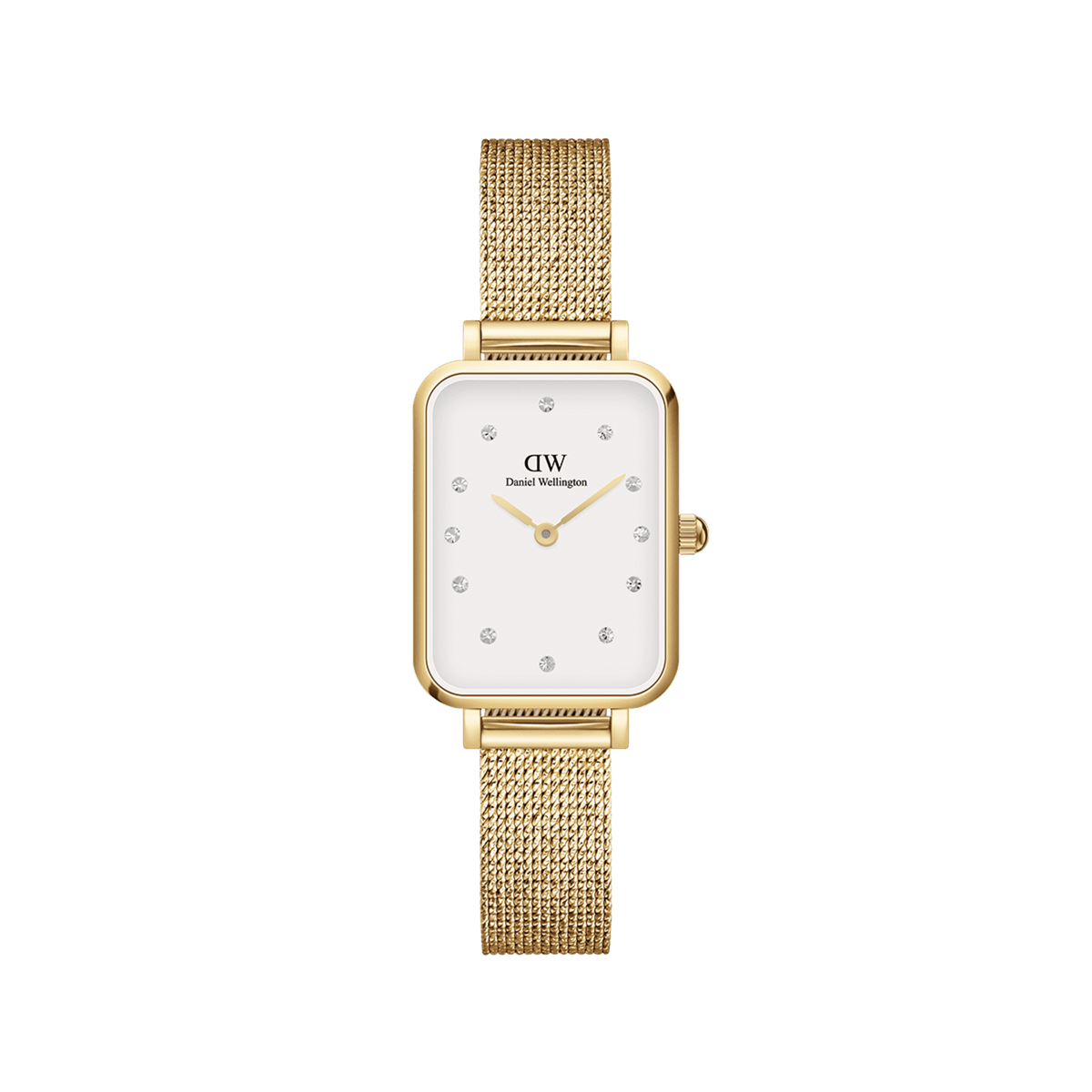Elegant gold women's watch with a rectangular case, white dial, sparkling crystal indices, and a fine stainless steel mesh strap.
