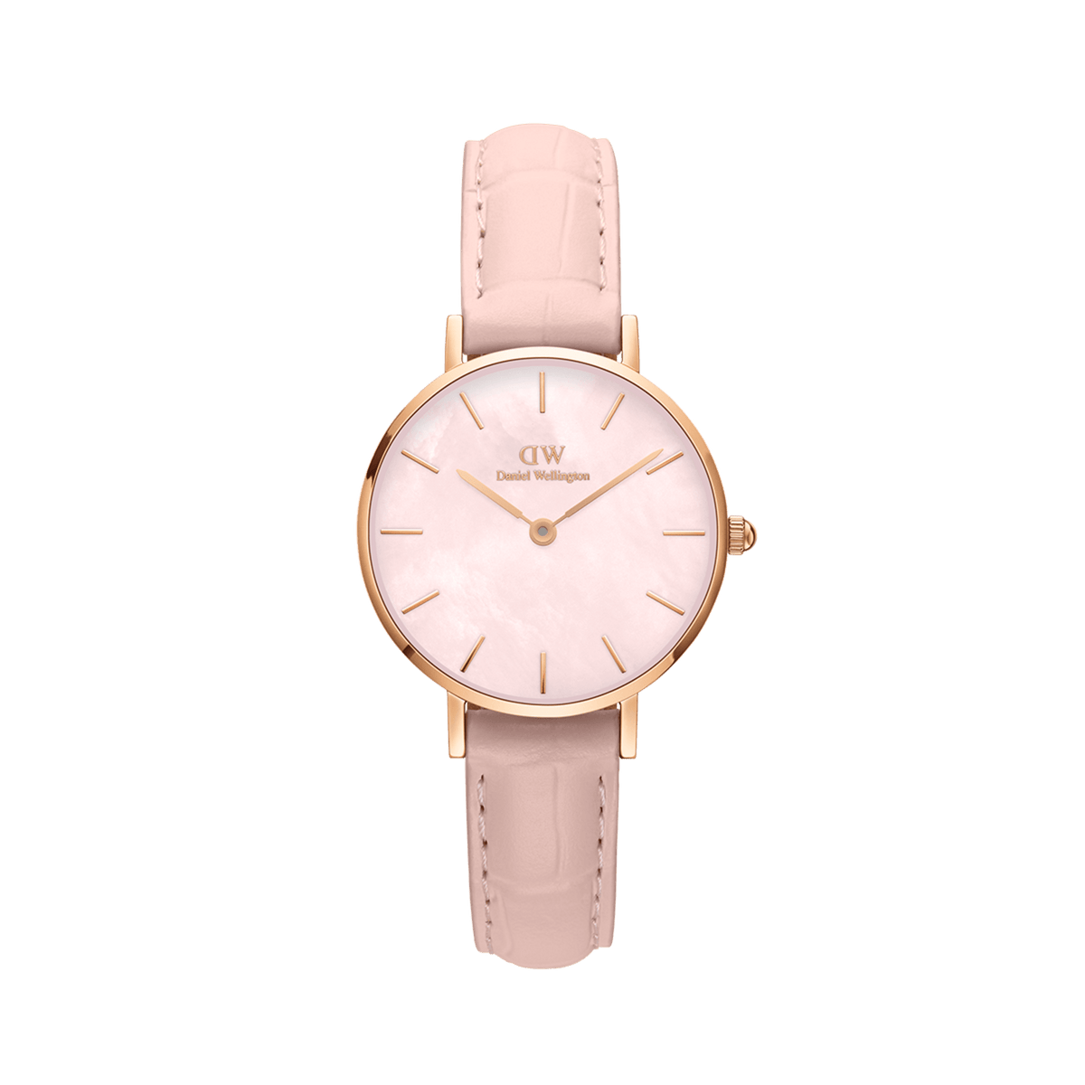 Elegant ladies' watch by Daniel Wellington with a rose gold case, delicate pink mother-of-pearl dial, and nude-pink leather strap with crocodile embossing.