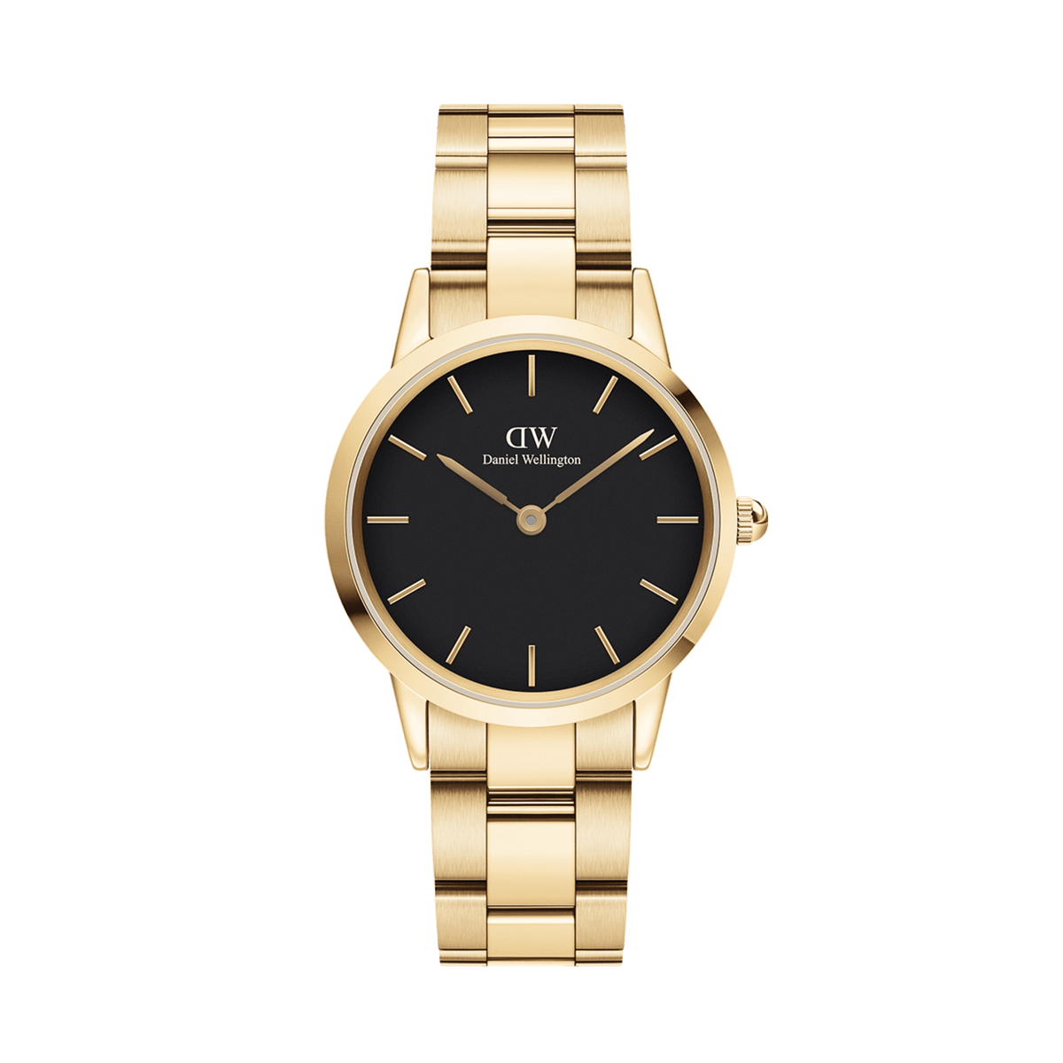 The Iconic Link Gold women's watch by Daniel Wellington with a round case, black dial and gold-coloured stainless steel strap in a minimalist design.