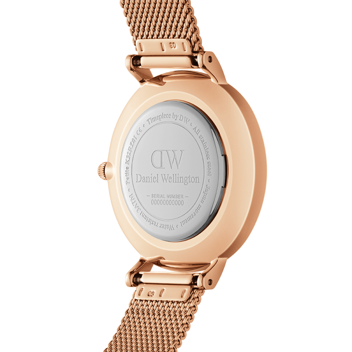 Back of the Petite Melrose ladies' watch with an engraved case back in rose gold and a high-quality mesh strap made of stainless steel.