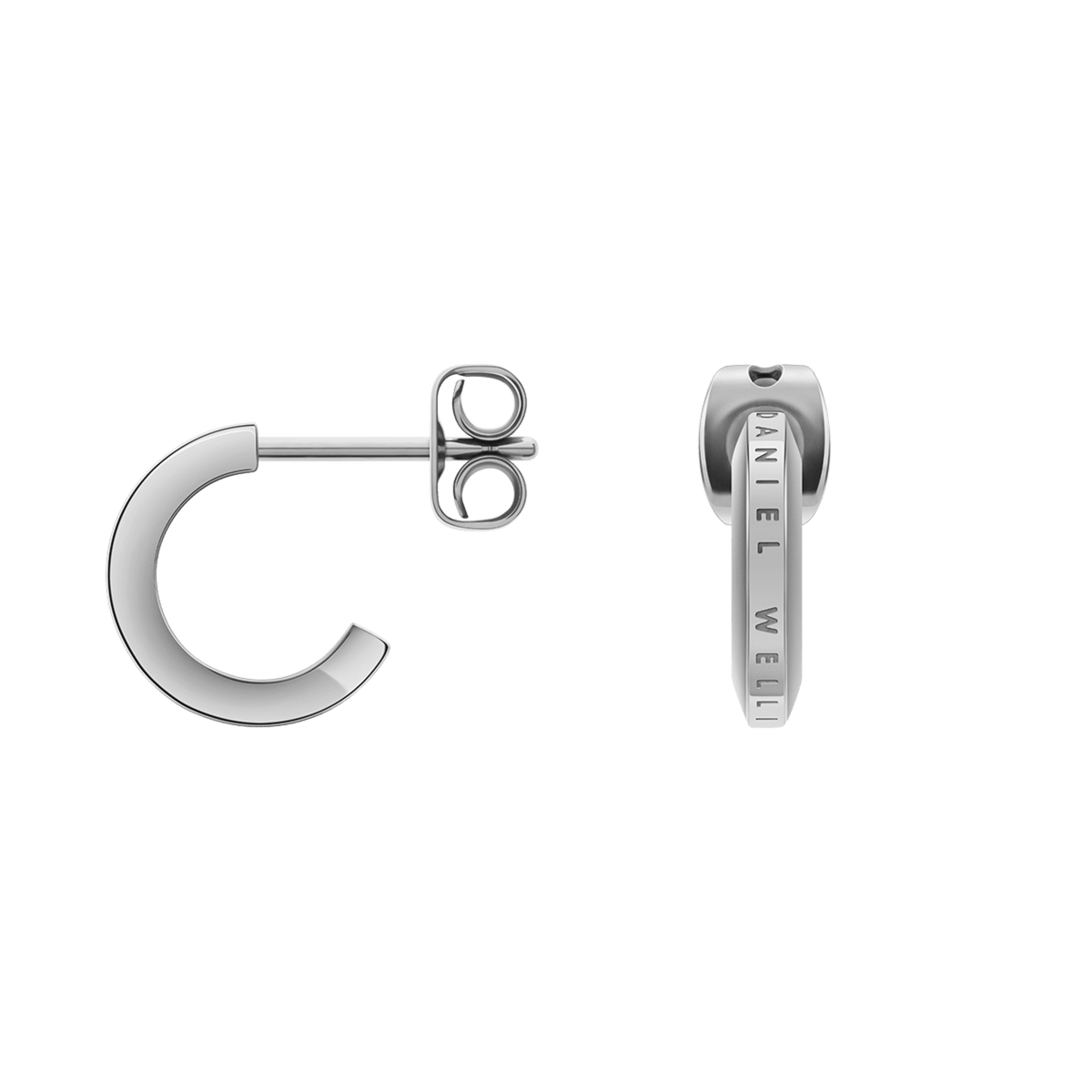 Minimalist silver Elan Earrings made from polished stainless steel with a subtly engraved Daniel Wellington logo and practical stud fastening.