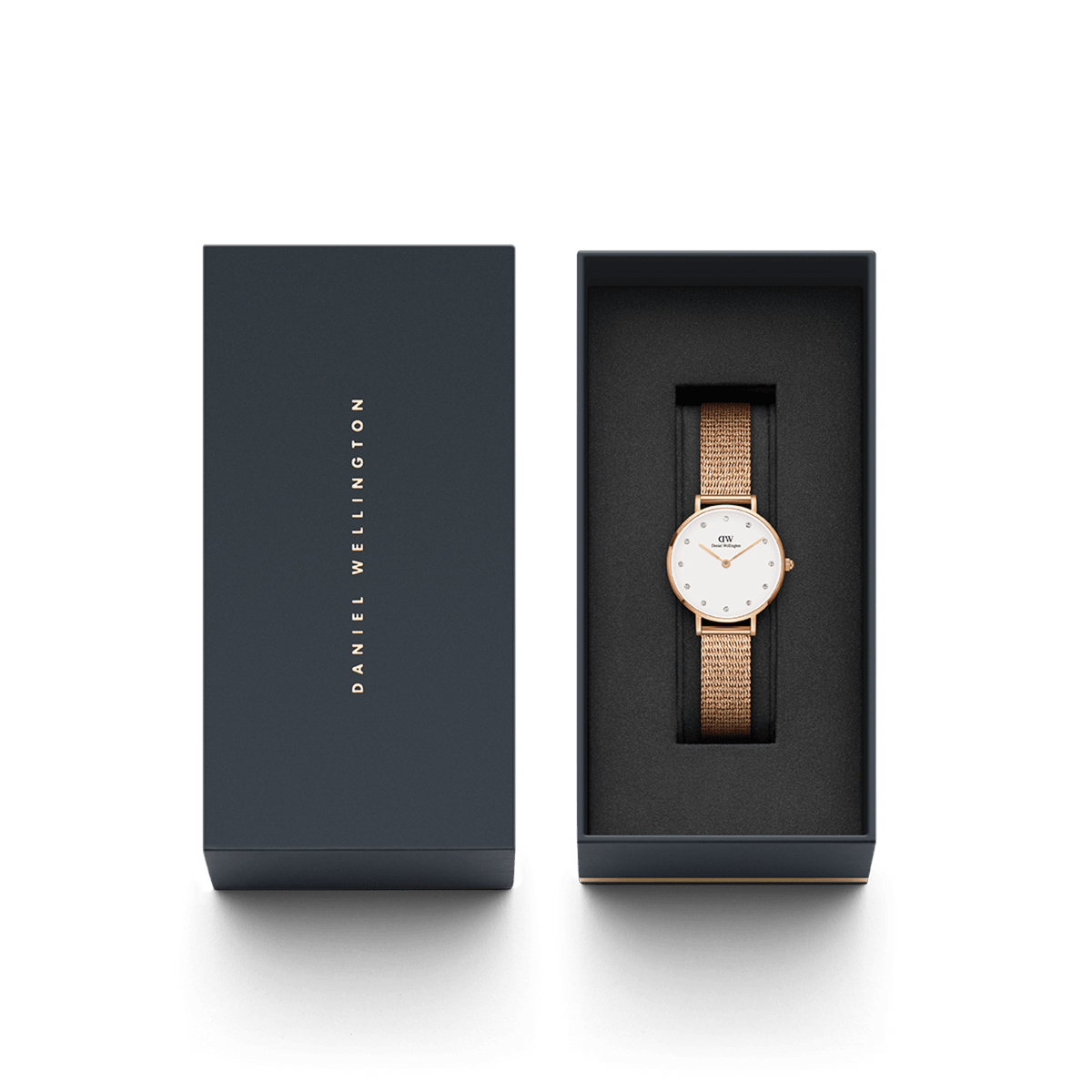 Petite Lumine Pressed Melrose women's watch with a rose gold mesh strap and white dial in an elegant Daniel Wellington gift box.