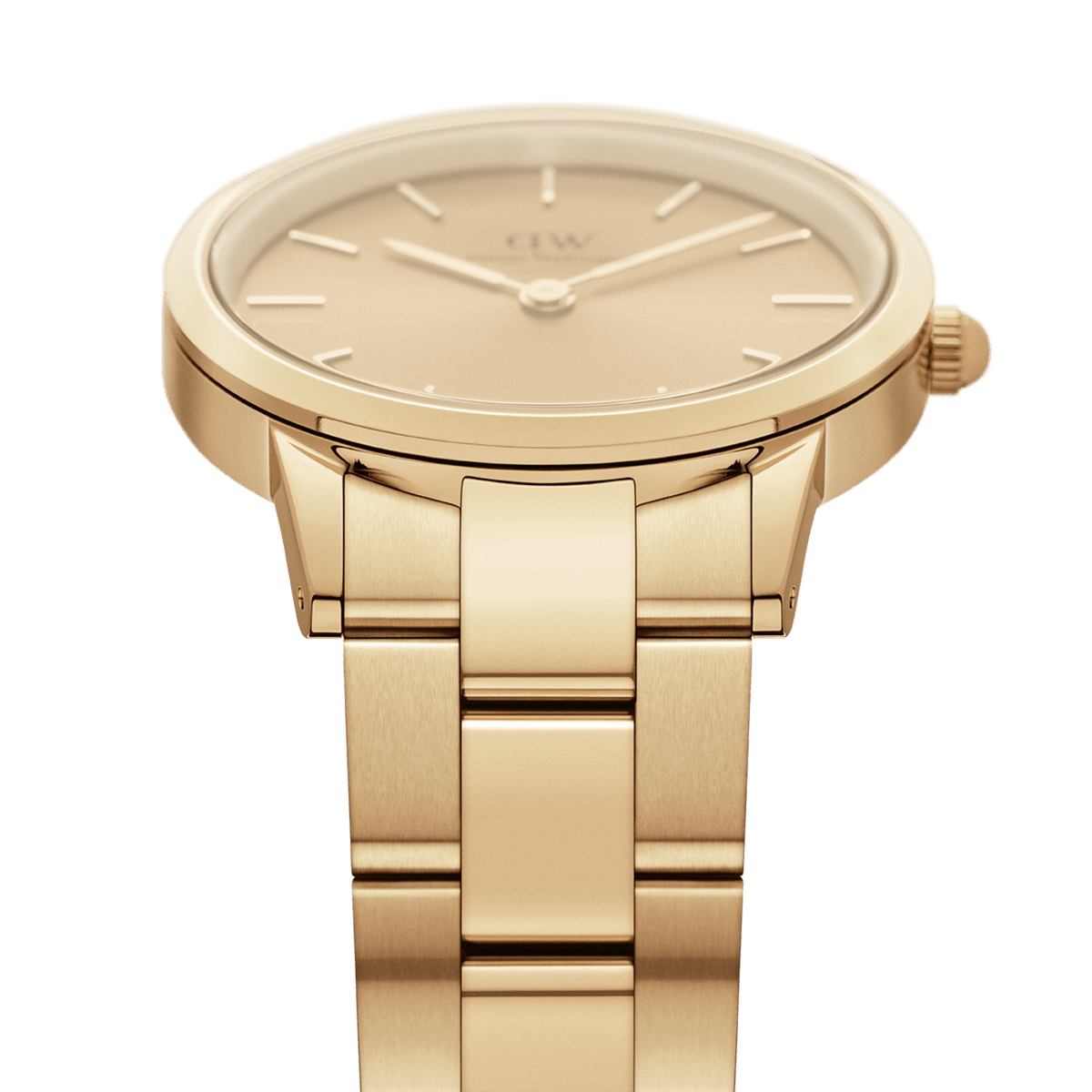 Close-up of the gold Daniel Wellington Iconic Link Unitone G women's watch with a polished link bracelet and simple dial.