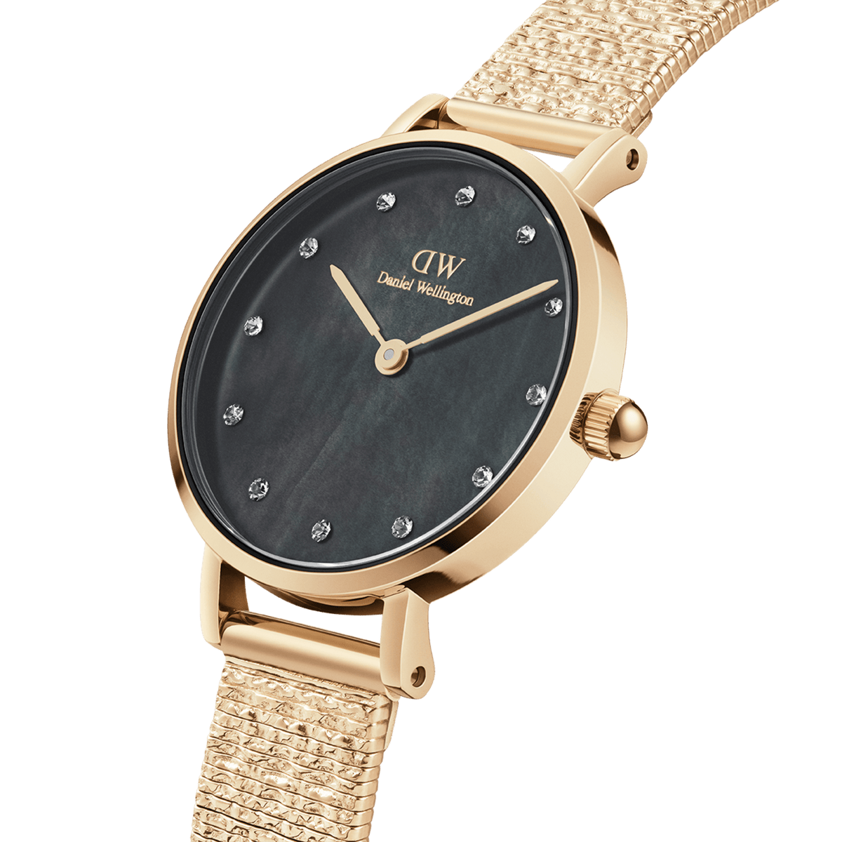 Gold women's watch with a textured Pressed Piano bracelet, round case, and black mother-of-pearl dial with sparkling crystal indices.