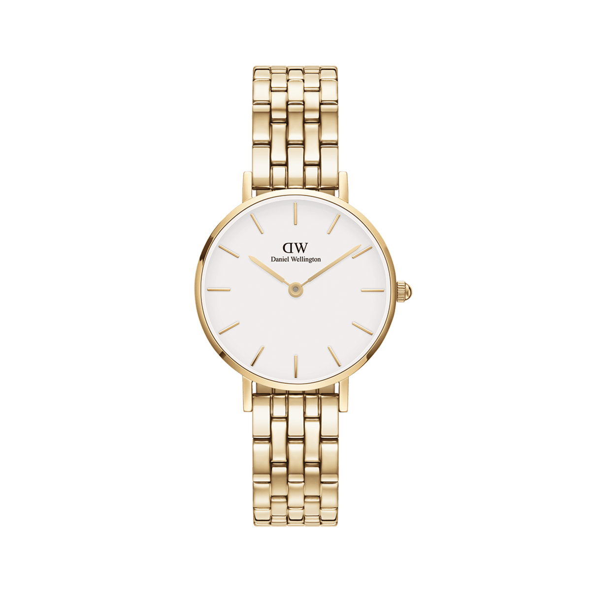 Elegant gold women's watch with a white dial, delicate 5-link stainless steel bracelet, and minimalist gold-coloured indices.