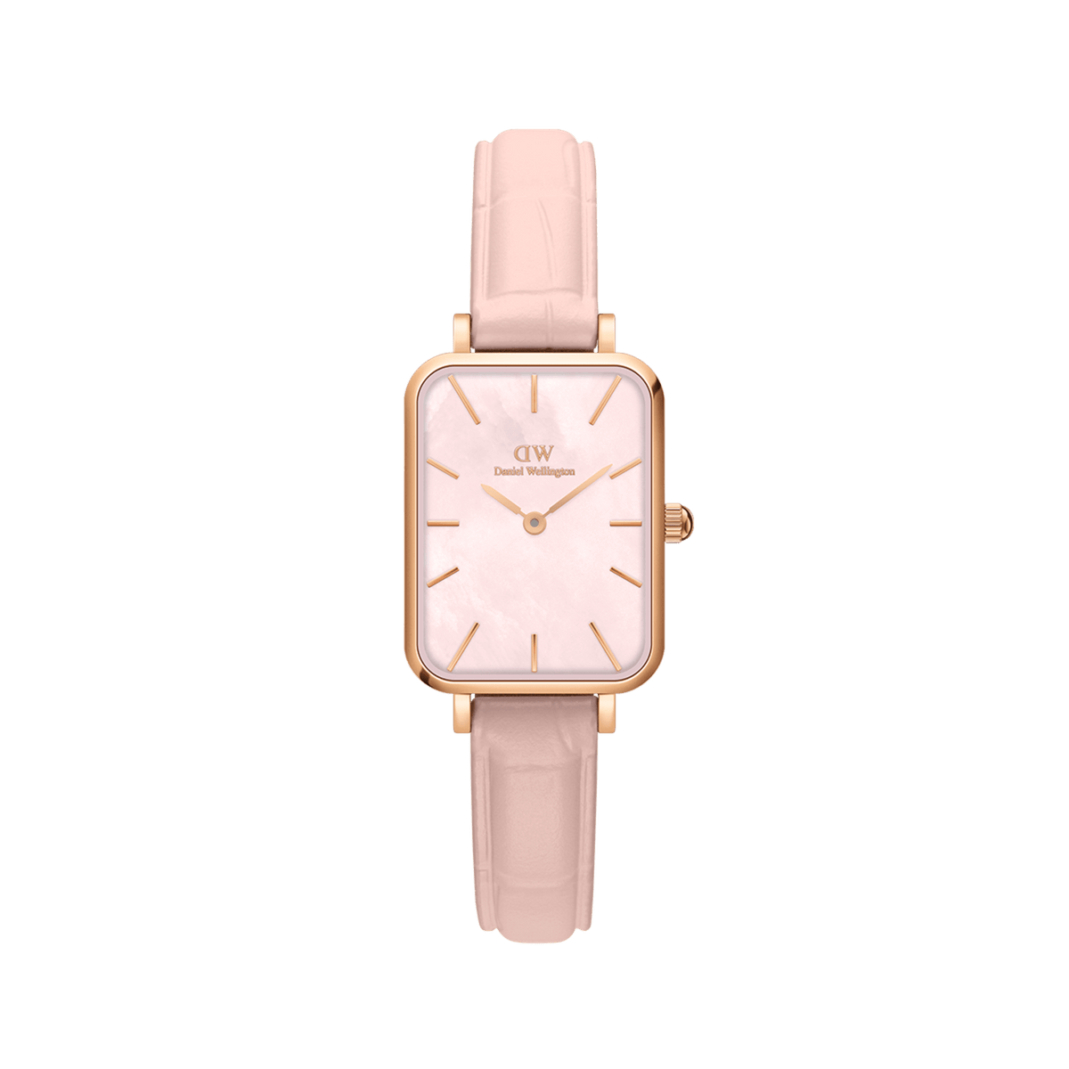 Rectangular ladies' watch in rose gold with a delicate nude-pink leather strap and a softly pink mother-of-pearl dial.