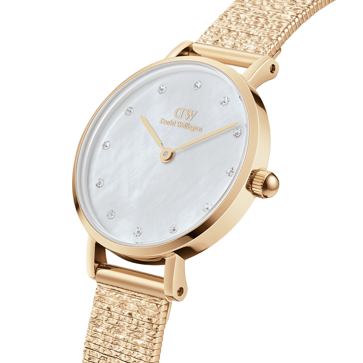 Close-up view of the PetitePetite Lumine Pressed Piano Gold women's watch with a round, gold-coloured case, white mother-of-pearl dial and sparkling crystal indices, as well as a textured link bracelet.