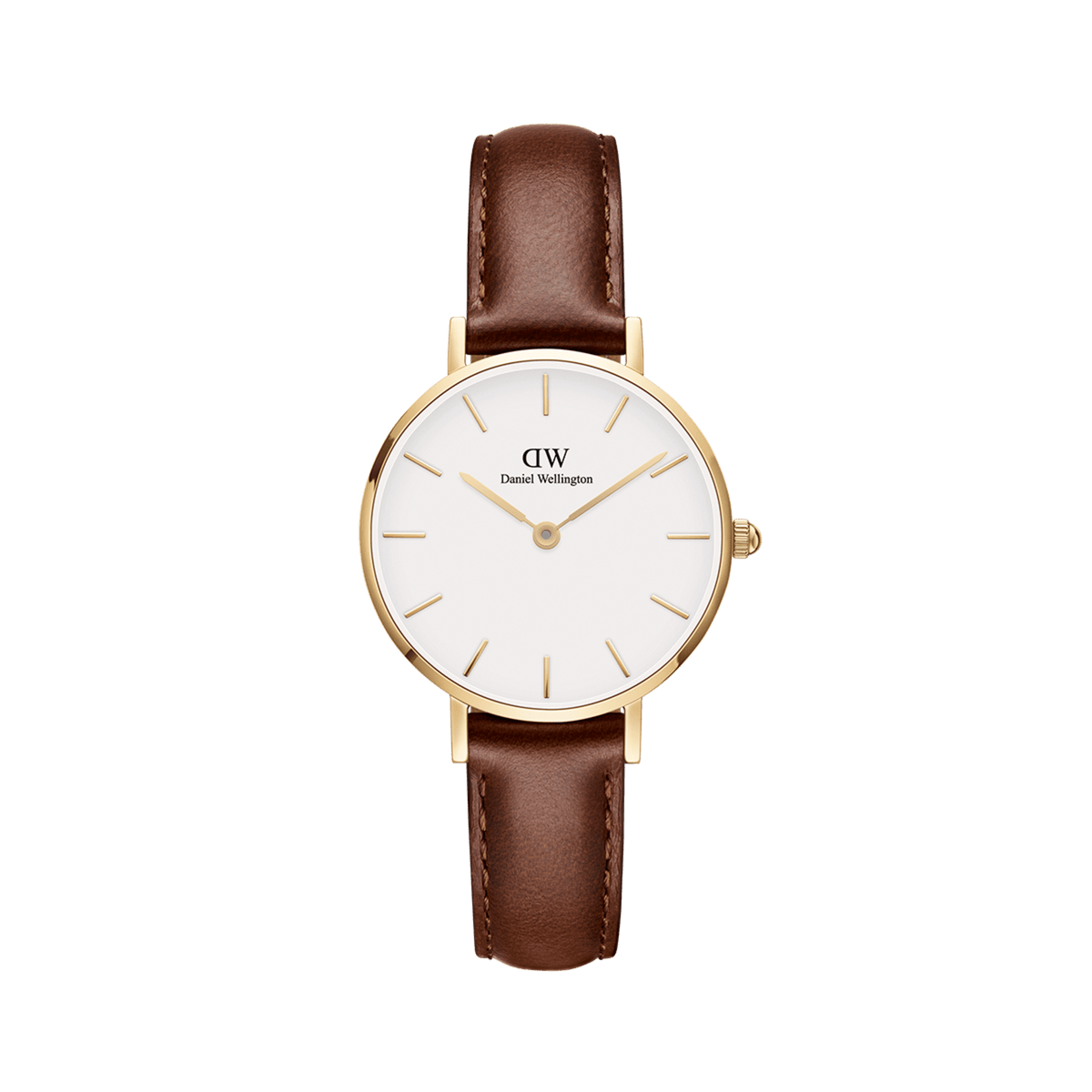 Elegant ladies' watch with gold-coloured stainless steel case, eggshell white dial and brown leather strap.
