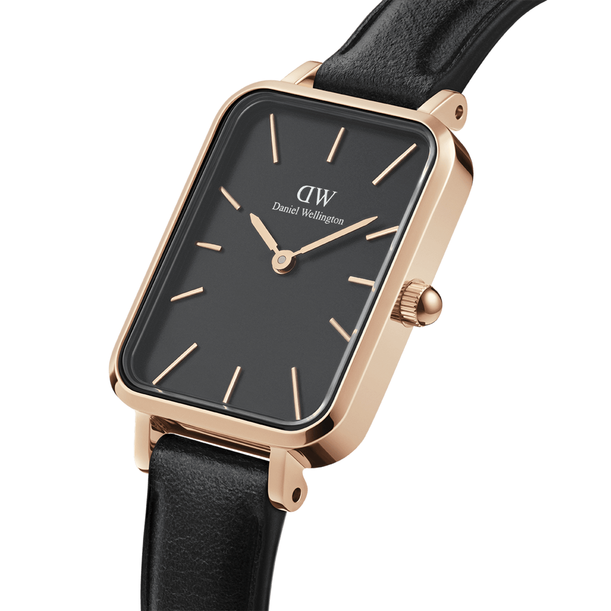 Close-up view of the Quadro Pressed Sheffield women's watch with a rectangular rose gold case, black dial, and black leather strap.