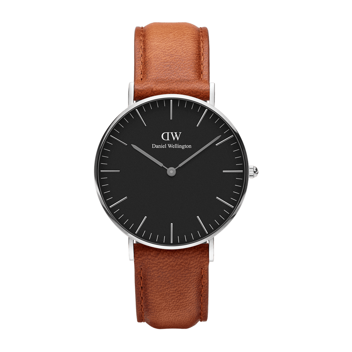 Orologio Classic Durham con quadrante nero, cassa argentata da 36 mm e cinturino in pelle marrone chiaro.