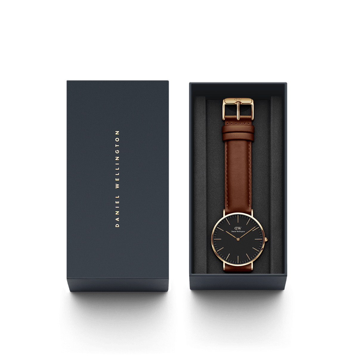 Classic St Mawes Gold watch by Daniel Wellington with black dial and brown leather strap, stylishly presented in an elegant gift box.